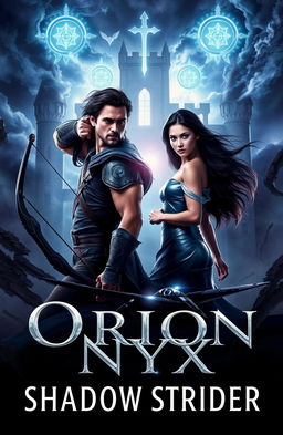 A captivating fantasy book cover featuring two heroic figures, Orion and Nyx, positioned side by side