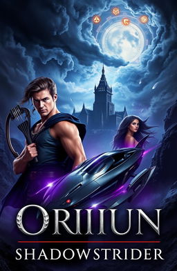 A captivating fantasy book cover featuring two heroic figures, Orion and Nyx, positioned side by side