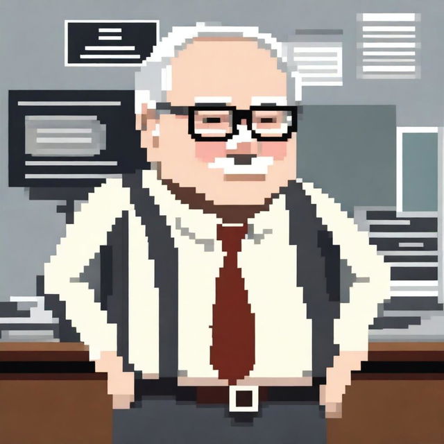 Create a detailed pixel-art character of Warren Buffet in full body view