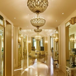 An elegant and spacious hall design with chandeliers, large ornate mirrors, high ceilings, and sophisticated furniture.