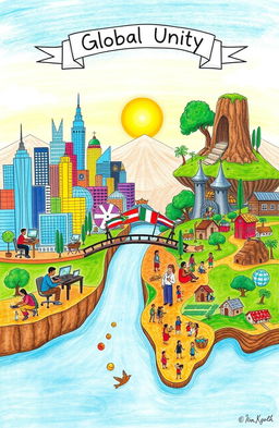 A vibrant and educational drawing poster illustrating the concepts of the Global North and Global South