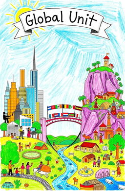A vibrant and educational drawing poster illustrating the concepts of the Global North and Global South