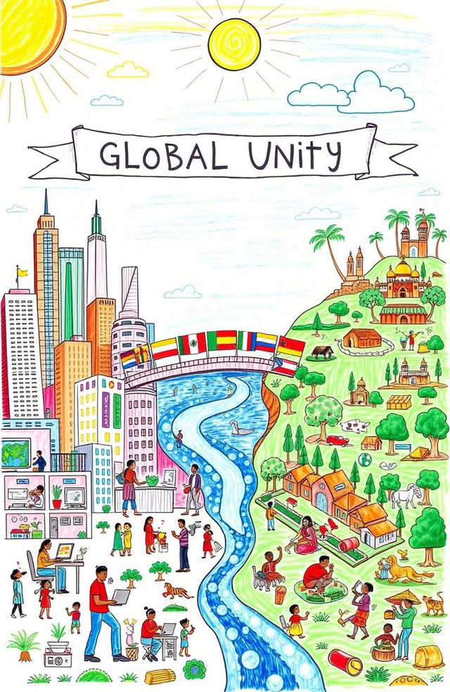 A vibrant and educational drawing poster illustrating the concepts of the Global North and Global South