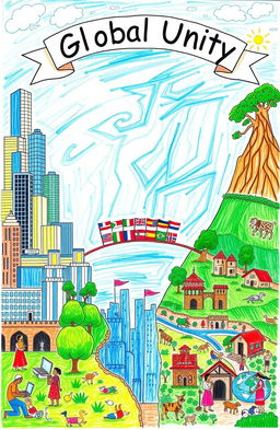 A vibrant and educational drawing poster illustrating the concepts of the Global North and Global South