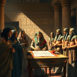 A historical scene depicting Ramses II signing the peace treaty with the Hittites