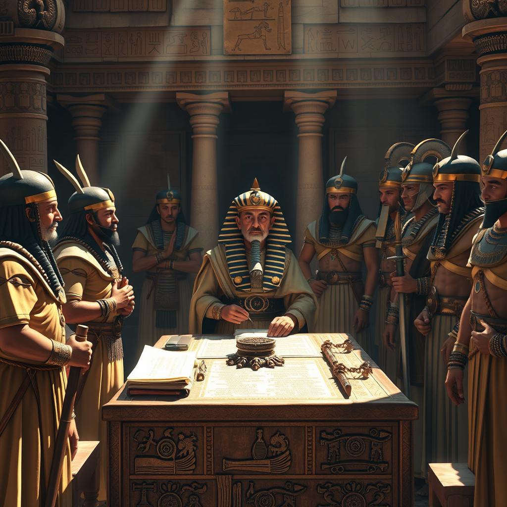 A historical scene depicting Ramses II signing the peace treaty with the Hittites