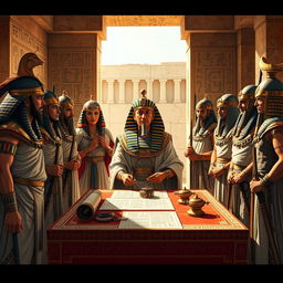 A historical scene depicting Ramses II signing the peace treaty with the Hittites