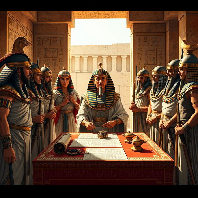 A historical scene depicting Ramses II signing the peace treaty with the Hittites