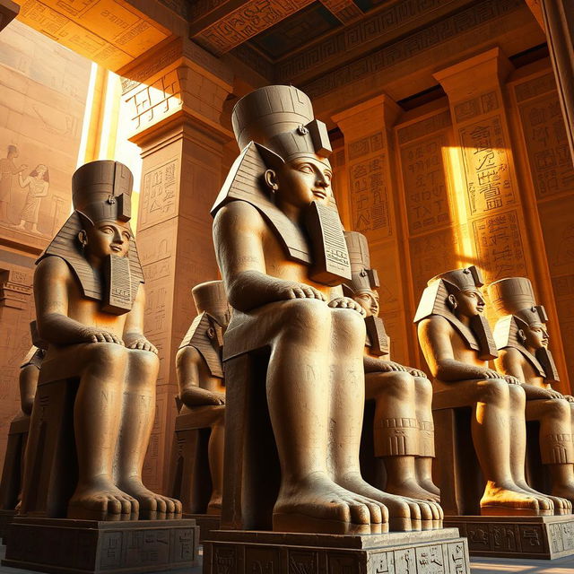 A stunning collection of statues of Ramses II in a grand temple, showcasing his immense grandeur and power