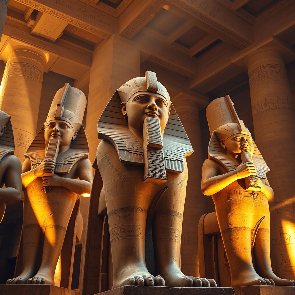 A stunning collection of statues of Ramses II in a grand temple, showcasing his immense grandeur and power