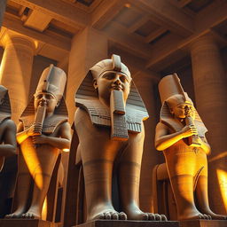 A stunning collection of statues of Ramses II in a grand temple, showcasing his immense grandeur and power