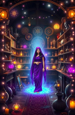 A mystical and enchanting scene featuring a magical antique shop