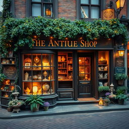 A charming and cozy exterior of a magical shop titled 'The Antique Shop'