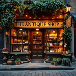 A charming and cozy exterior of a magical shop titled 'The Antique Shop'