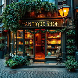 A charming and cozy exterior of a magical shop titled 'The Antique Shop'