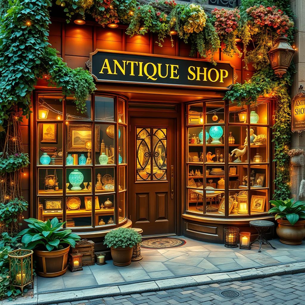 A charming and cozy exterior of a magical shop titled 'The Antique Shop'