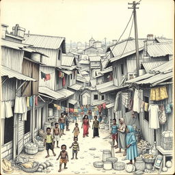 A poignant and detailed drawing depicting the slums of the Global South