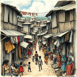 A poignant and detailed drawing depicting the slums of the Global South
