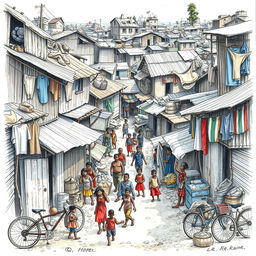 A poignant and detailed drawing depicting the slums of the Global South