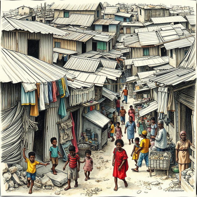 A poignant and detailed drawing depicting the slums of the Global South