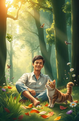 A scene depicting a man sitting peacefully in a lush, green forest surrounded by tall trees and soft rays of sunshine filtering through the leaves