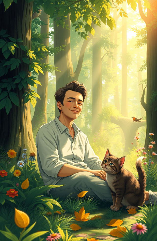 A scene depicting a man sitting peacefully in a lush, green forest surrounded by tall trees and soft rays of sunshine filtering through the leaves