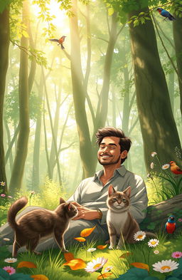 A scene depicting a man sitting peacefully in a lush, green forest surrounded by tall trees and soft rays of sunshine filtering through the leaves
