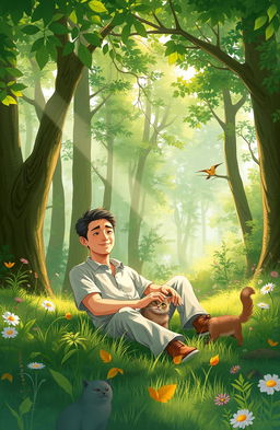 A scene depicting a man sitting peacefully in a lush, green forest surrounded by tall trees and soft rays of sunshine filtering through the leaves