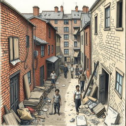 A poignant and detailed drawing depicting the slums of the Global North