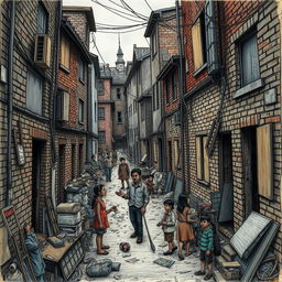 A poignant and detailed drawing depicting the slums of the Global North