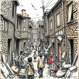 A poignant and detailed drawing depicting the slums of the Global North
