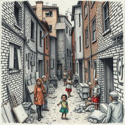 A poignant and detailed drawing depicting the slums of the Global North