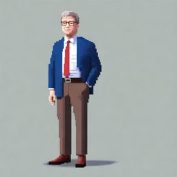 Realistic pixel art character of Bill Gates in a full body view