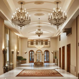 An elegant and spacious hall design with chandeliers, large ornate mirrors, high ceilings, and sophisticated furniture.