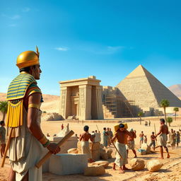 A vibrant scene depicting Egyptian artists and laborers diligently constructing a grand monument under the watchful eye of Ramses II