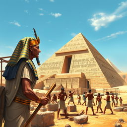 A vibrant scene depicting Egyptian artists and laborers diligently constructing a grand monument under the watchful eye of Ramses II