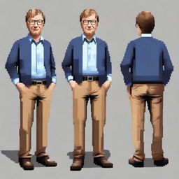 Realistic pixel art character of Bill Gates in a full body view