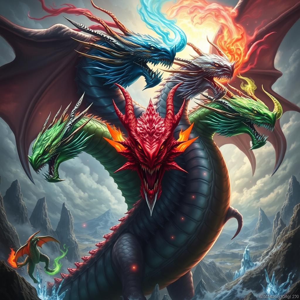 A powerful portrayal of Tiamat, the five-headed dragon goddess from Dungeons & Dragons, depicted in a fantasy realm