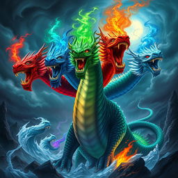 A powerful portrayal of Tiamat, the five-headed dragon goddess from Dungeons & Dragons, depicted in a fantasy realm