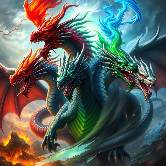 A powerful portrayal of Tiamat, the five-headed dragon goddess from Dungeons & Dragons, depicted in a fantasy realm