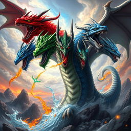 A powerful portrayal of Tiamat, the five-headed dragon goddess from Dungeons & Dragons, depicted in a fantasy realm
