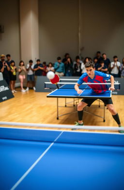 An action-packed table tennis scene, featuring two skilled players mid-game, intensely focused on the exciting match