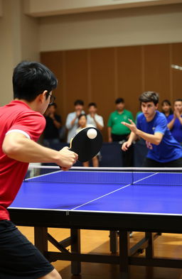 An action-packed table tennis scene, featuring two skilled players mid-game, intensely focused on the exciting match
