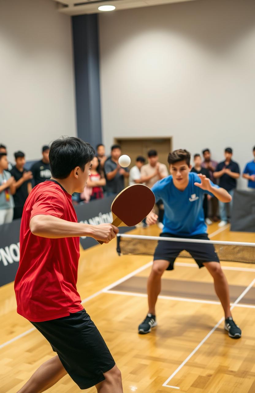 An action-packed table tennis scene, featuring two skilled players mid-game, intensely focused on the exciting match