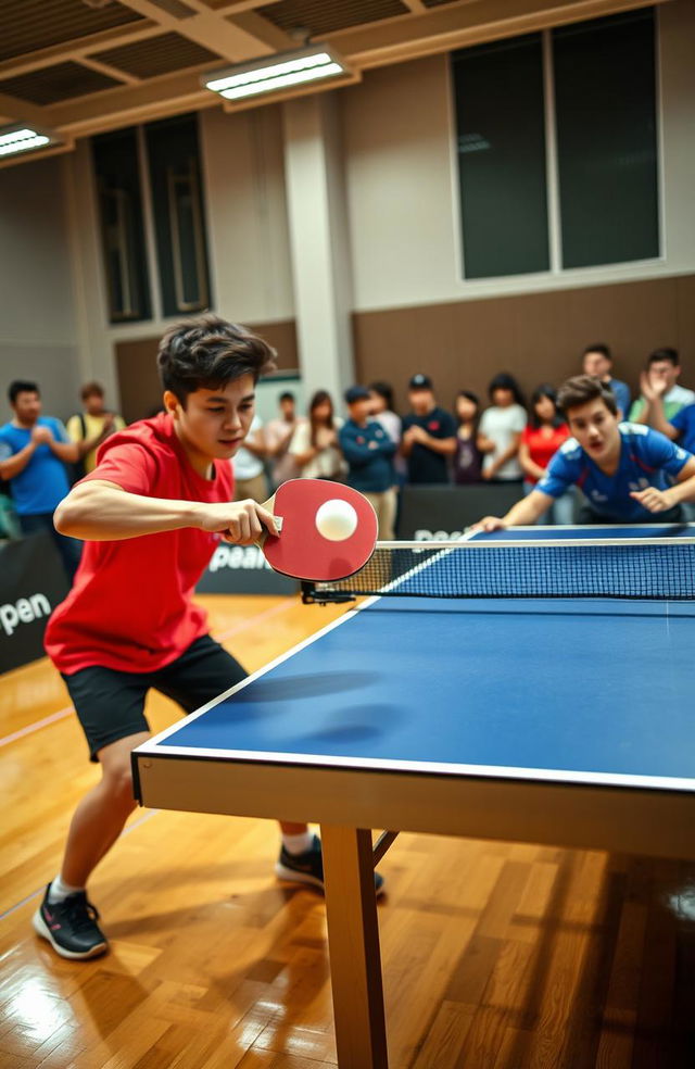 An action-packed table tennis scene, featuring two skilled players mid-game, intensely focused on the exciting match