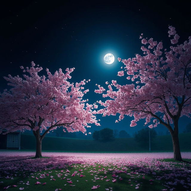 A serene nighttime scene illuminated by soft moonlight filtering through delicate cherry blossom trees