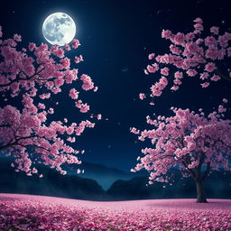 A serene nighttime scene illuminated by soft moonlight filtering through delicate cherry blossom trees