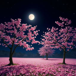 A serene nighttime scene illuminated by soft moonlight filtering through delicate cherry blossom trees