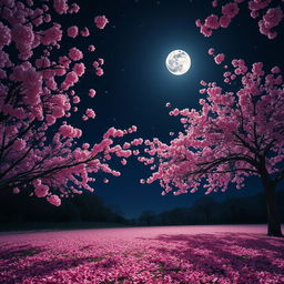 A serene nighttime scene illuminated by soft moonlight filtering through delicate cherry blossom trees