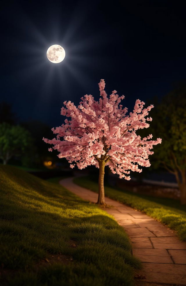 A serene nighttime scene featuring a picturesque footpath lined with soft grass, illuminated by gentle moonlight